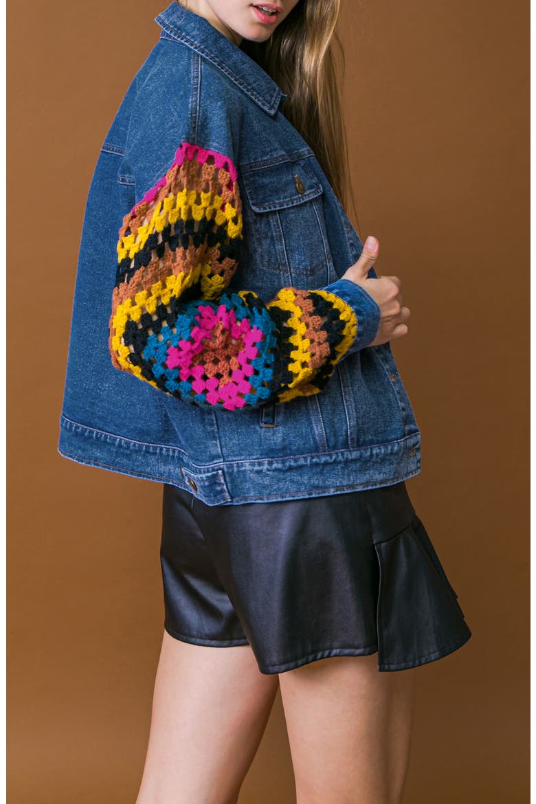 Crochet Trim Denim Jacket, Alternate, color, MEDIUM INDIGO