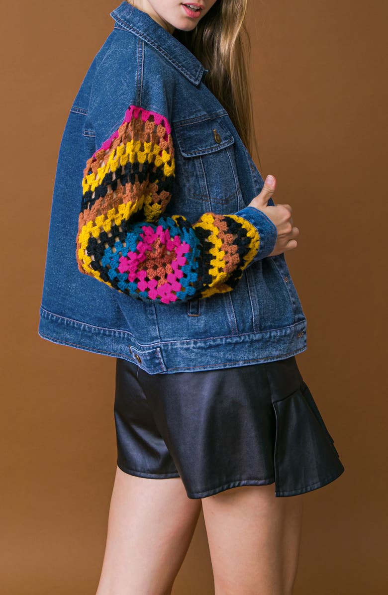 FLYING TOMATO Crochet Trim Denim Jacket, Alternate, color, Medium Indigo