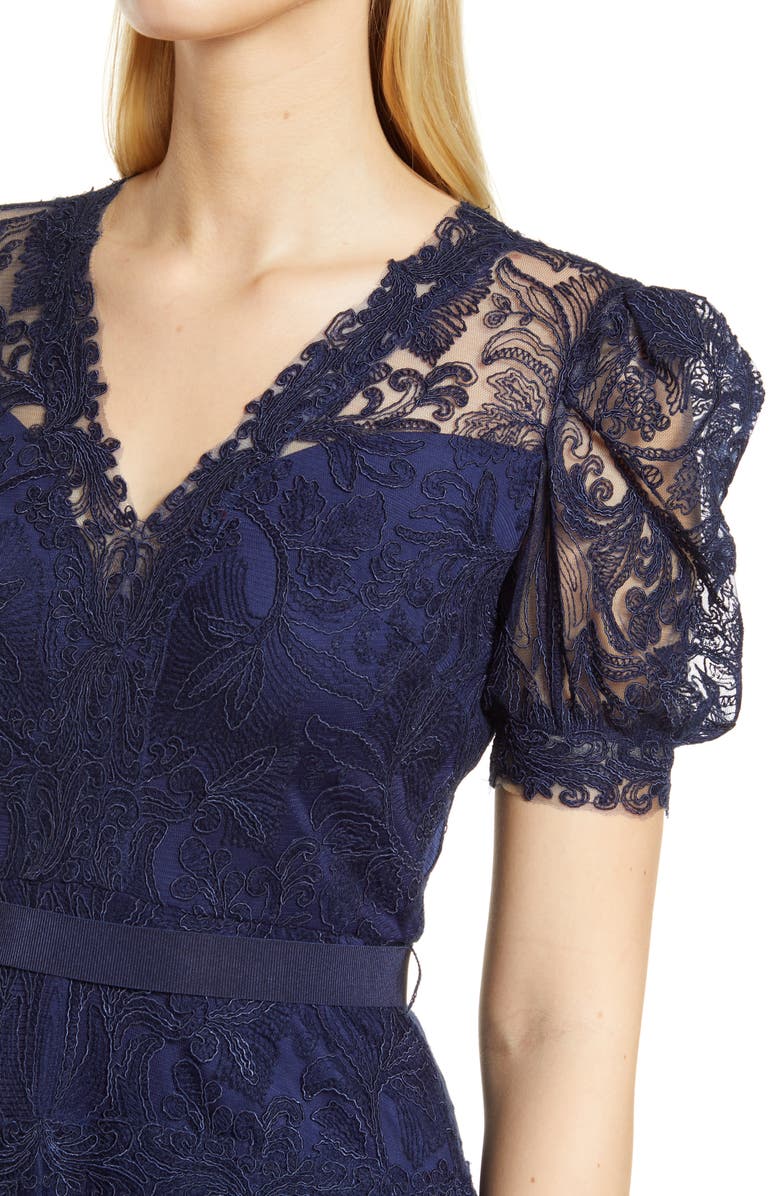 Tadashi Shoji Embroidered Lace Tiered Midi Dress, Alternate, color, Royal Navy