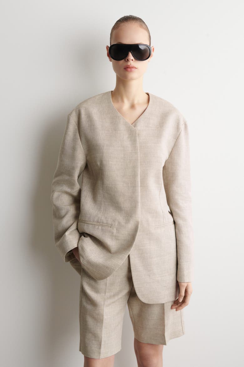 Structured Collarless Linen Blazer, Alternate, color, BEIGE MÉLANGE