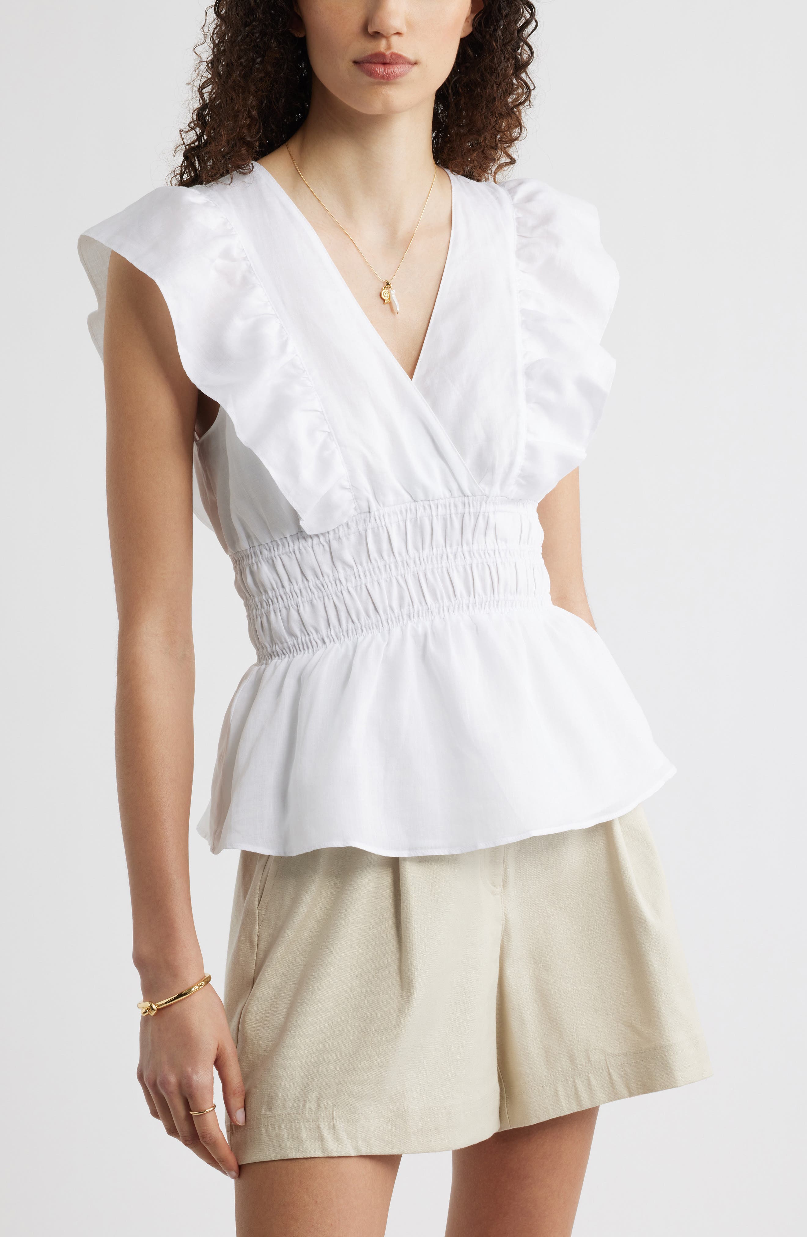 Smocked Waist Flutter Sleeve Peplum Top - image 2