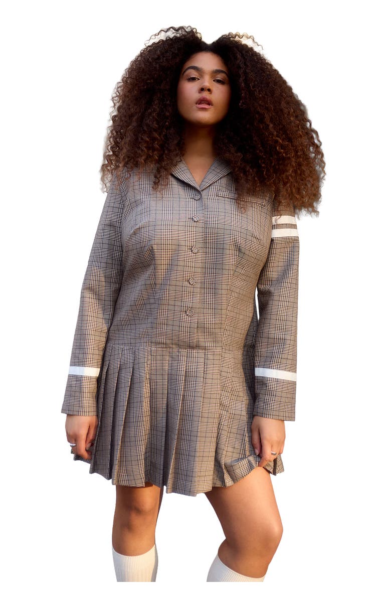 ELOQUII Pleated Plaid Mini Dress, Main, color, Brown Plaid