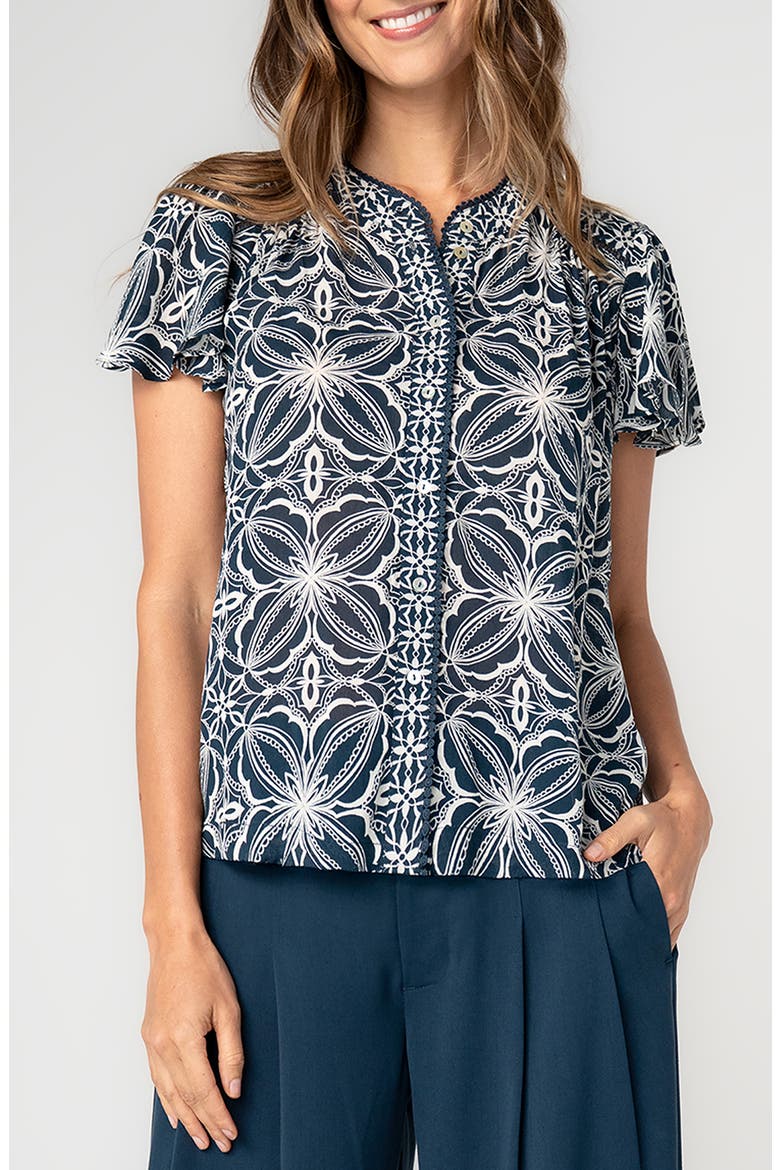 Flutter Sleeve Mix Print Button-Up Top, Main, color, BLUE W CREAM