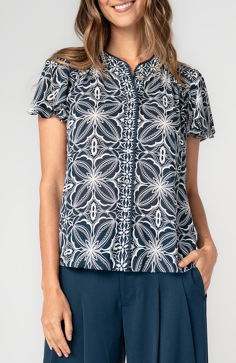 Liverpool Flutter Sleeve Mix Print Button-Up Top, Main, color, Blue W Cream
