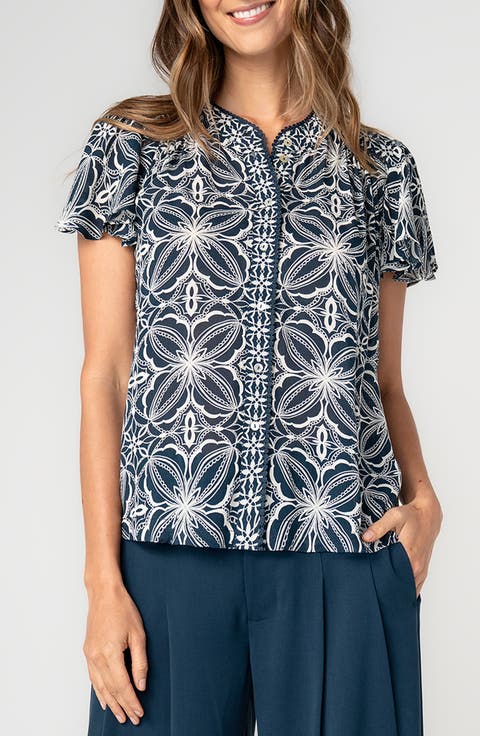 Flutter Sleeve Mix Print Button-Up Top (Petite)