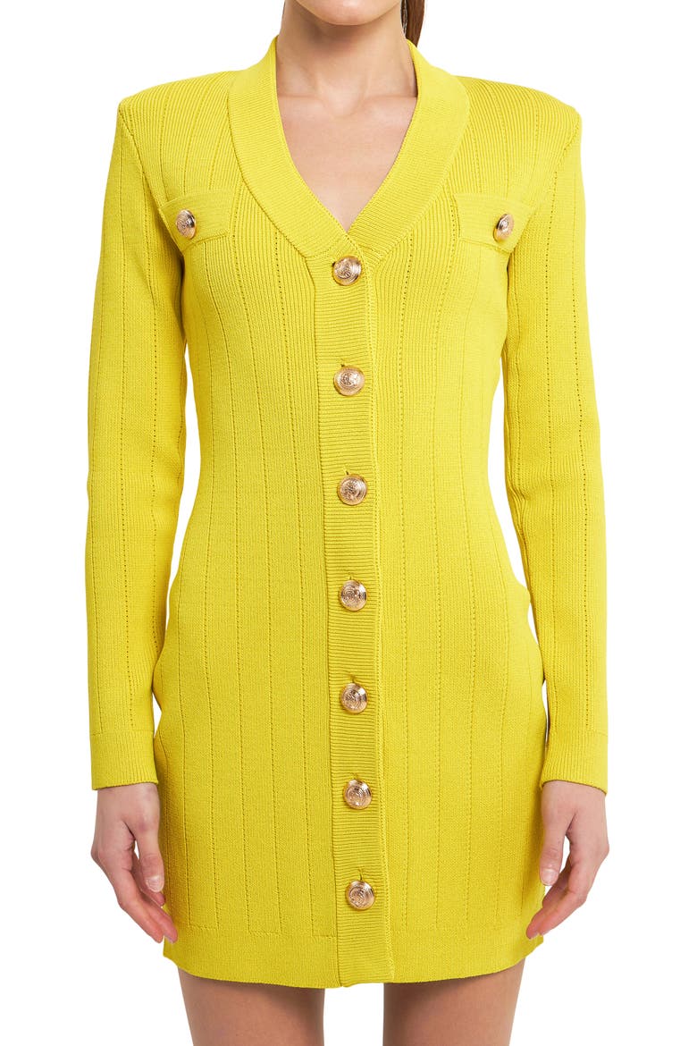 Padded Shoulder Long Sleeve Button-Up Sweater Minidress, Alternate, color, YELLOW