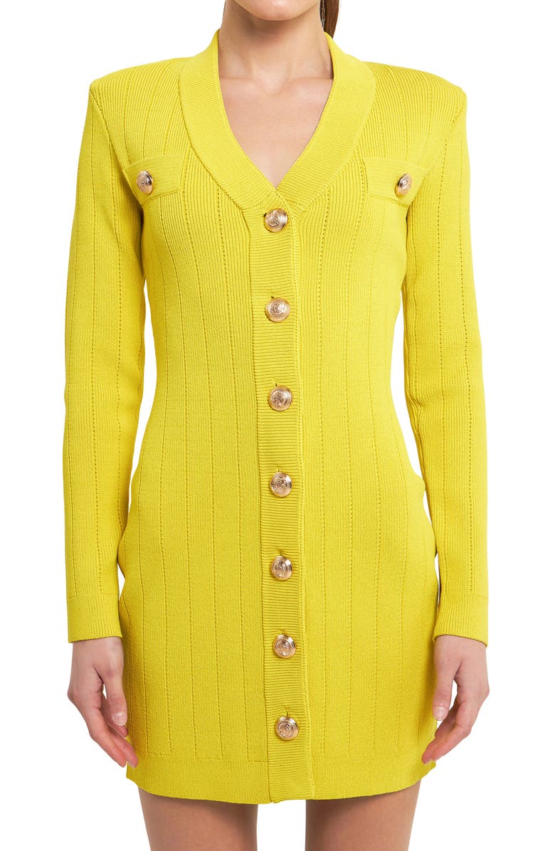 Endless Rose Padded Shoulder Long Sleeve Button-Up Sweater Minidress, Alternate, color, Yellow