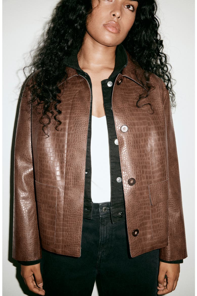 Nilo Croc Embossed Faux Leather Jacket, Alternate, color, MEDIUM BROWN