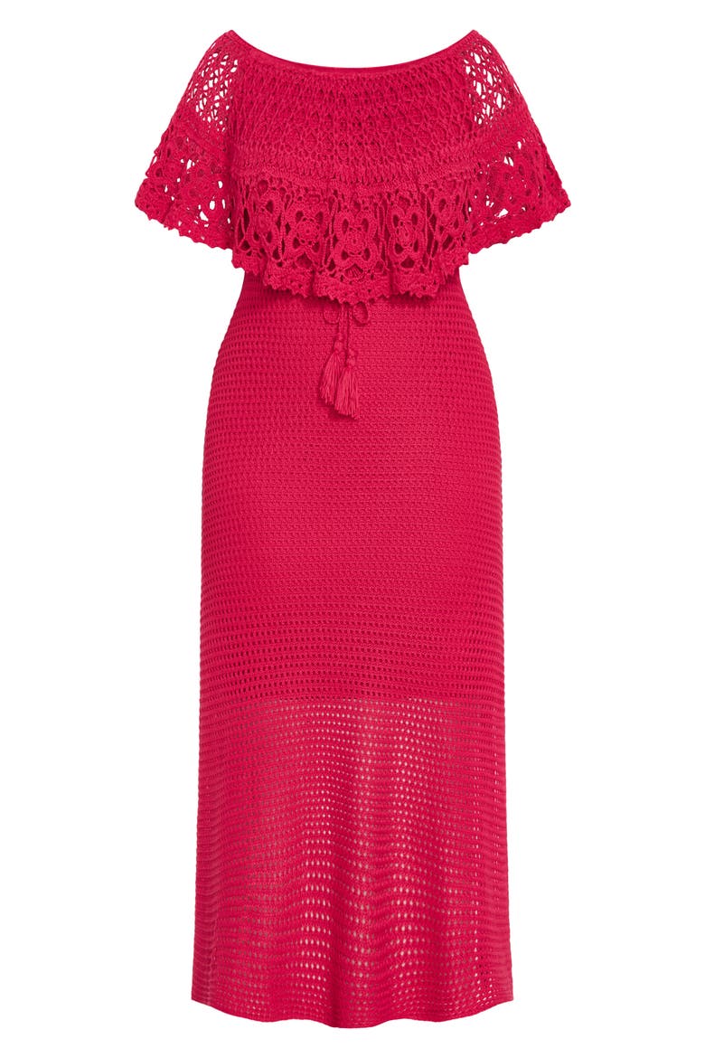 Callie Open Stitch Tie Waist Off the Shoulder Maxi Dress, Alternate, color, RASPBERRY