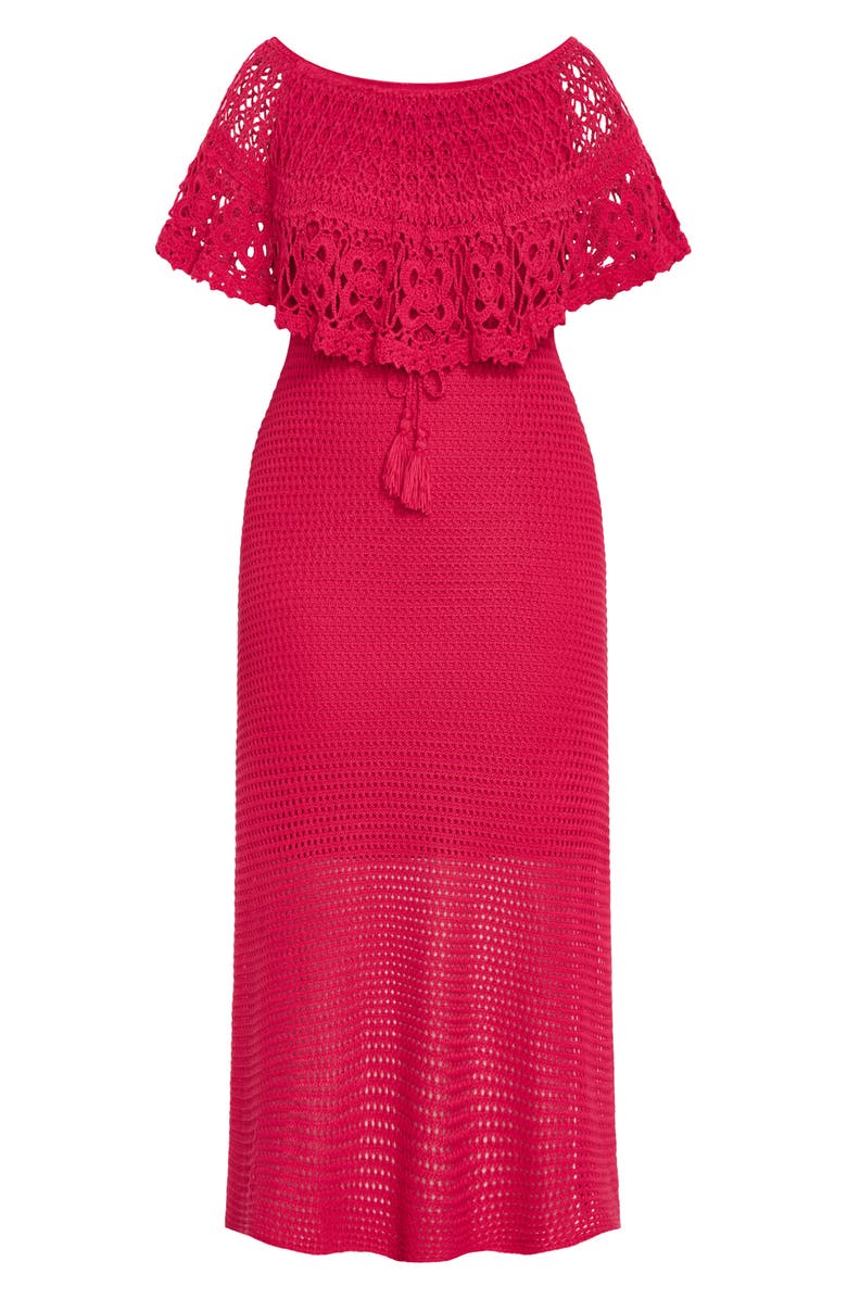 City Chic Callie Open Stitch Tie Waist Off the Shoulder Maxi Dress, Alternate, color, Raspberry