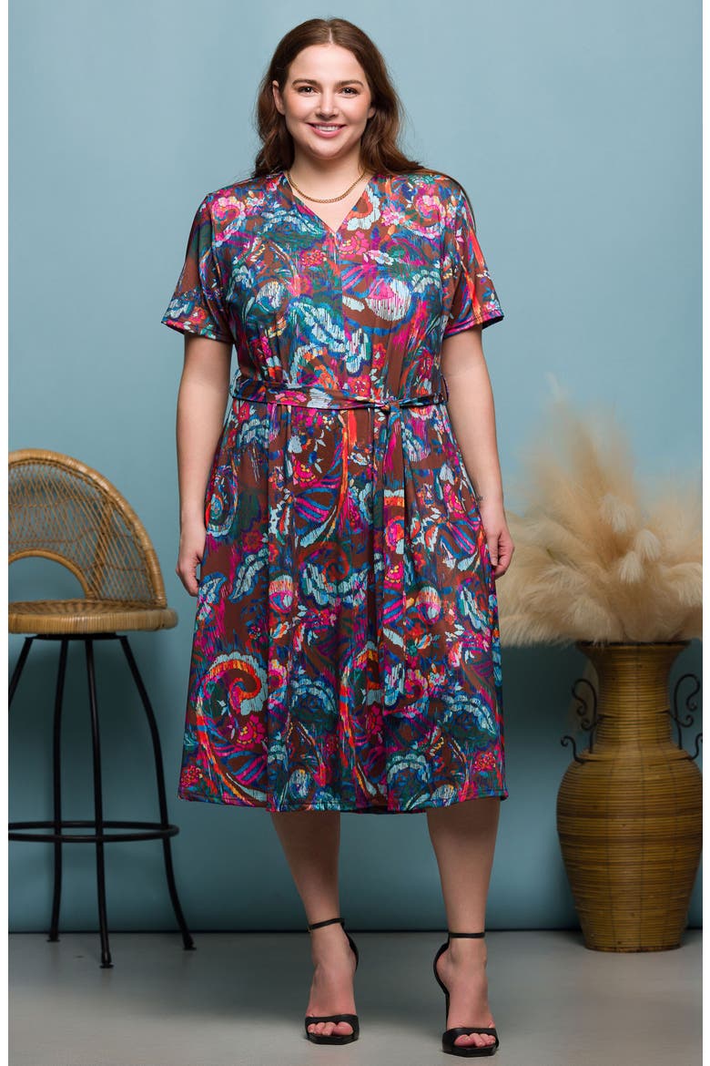 Abstract Floral Tie Waist Knit Midi Dress, Alternate, color, PINK MULTI