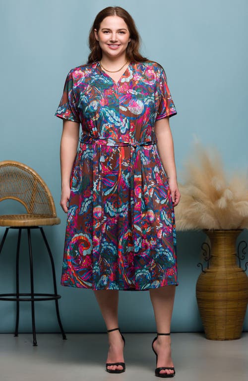 24seven Comfort Apparel Plus Size Print Short Sleeve Tie Waist Midi Dress In Pink Multi