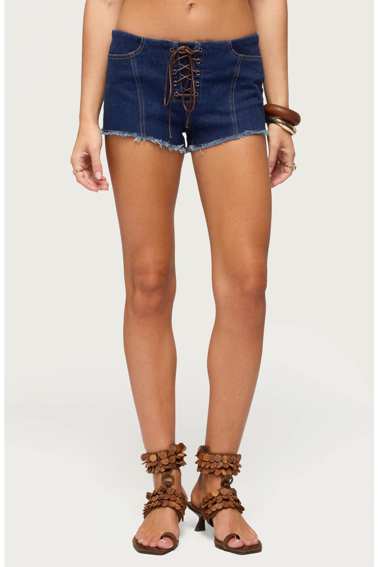 Svea Fringe Trim Denim Lace-Up Shorts, Main, color, DARK-BLUE