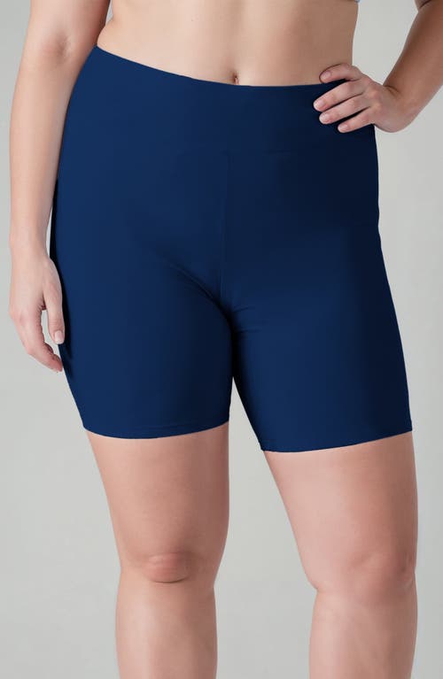 Calypsa Plus Size Mid-thigh Swim Shorts In Blue
