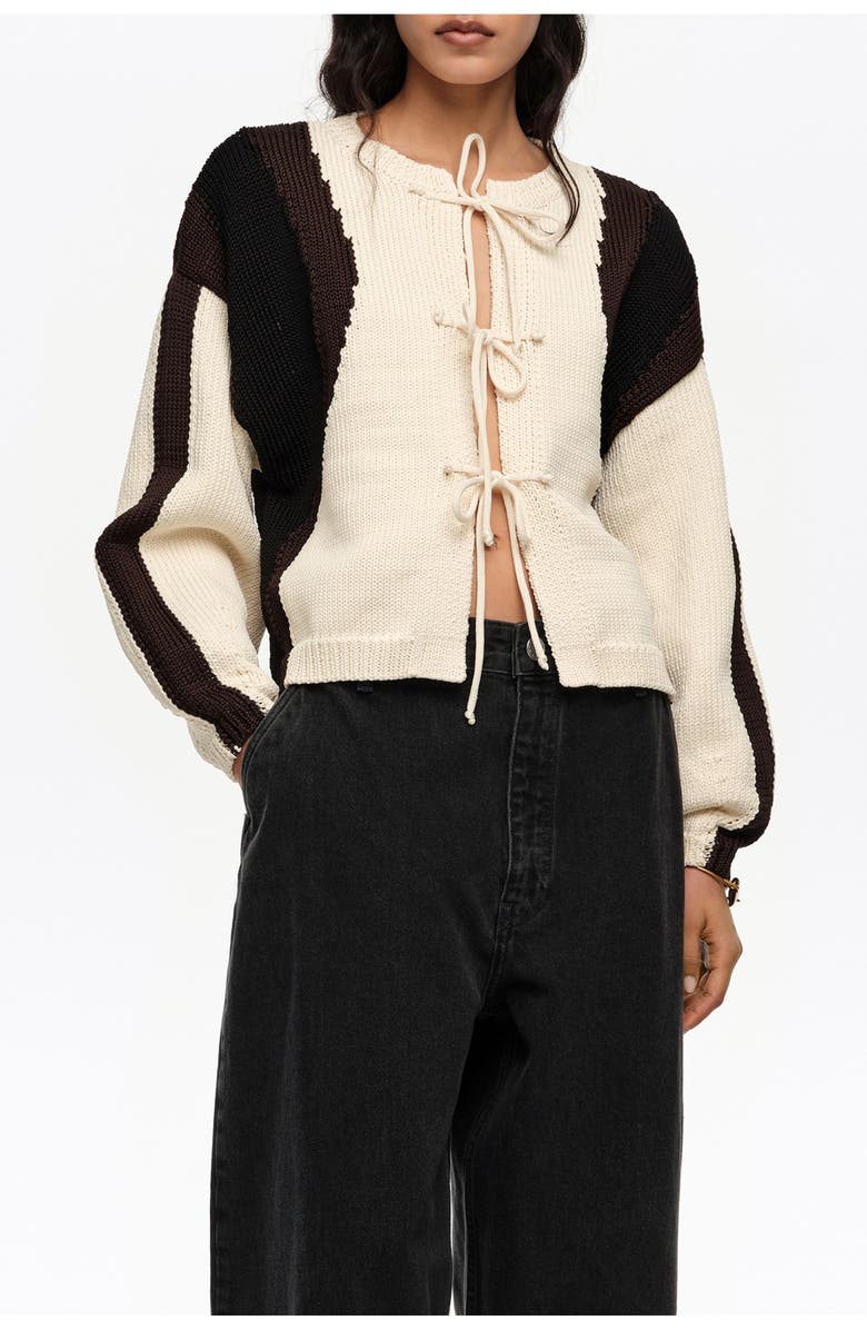 Bimba y Lola Tricolor Tie Cardigan, Main, color, Ivory