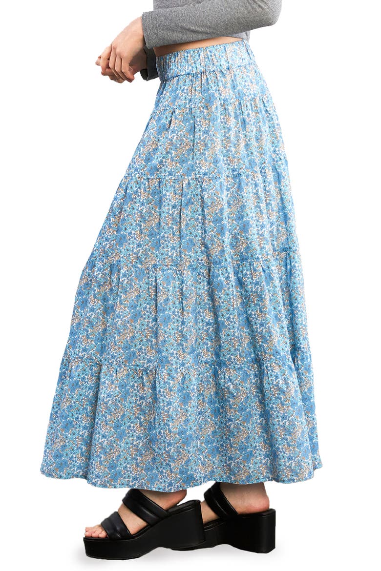 Wild Floral Tiered Cotton Blend Maxi Skirt, Alternate, color, COOL BLOOM