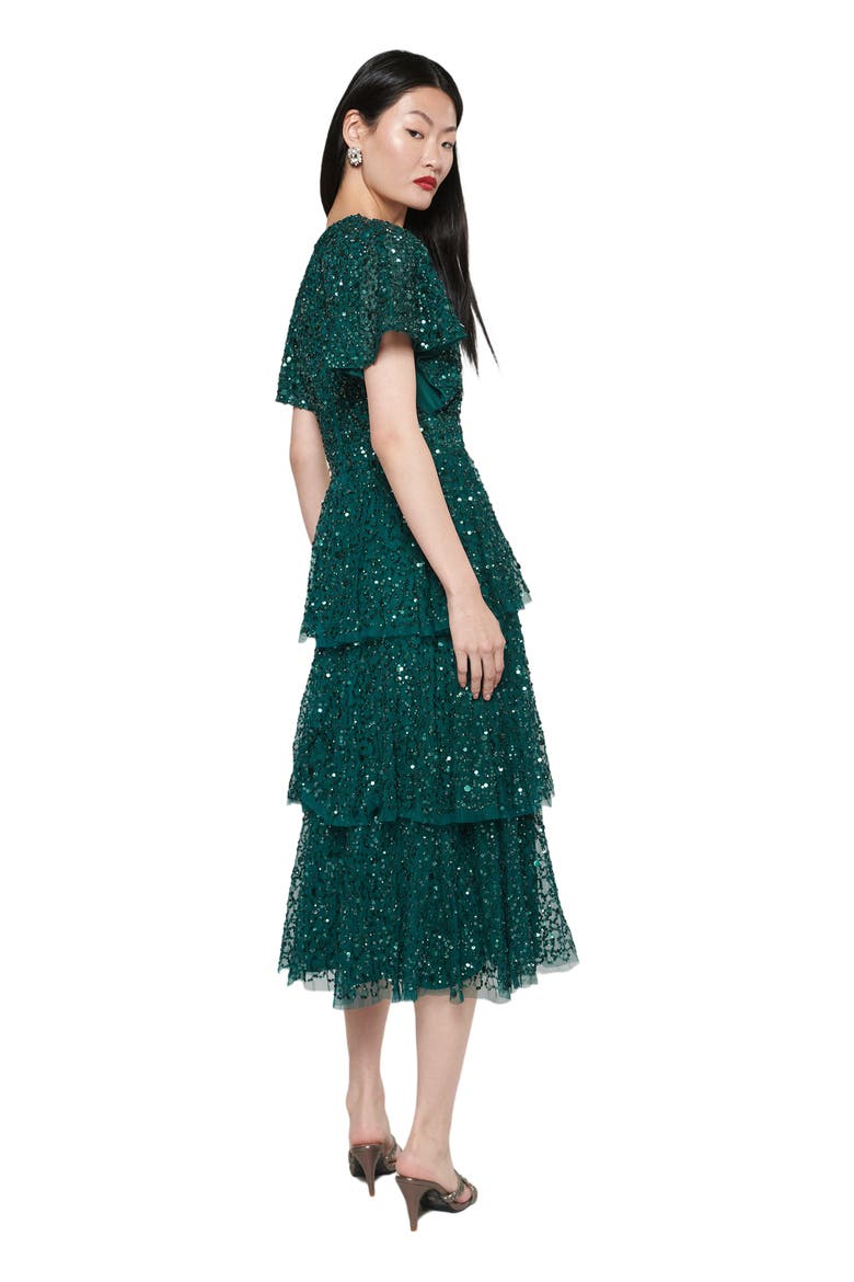 Occasion Embellished Sequin Beaded Short Sleeves Evening Midi Dress, Alternate, color, EMERALD GREEN