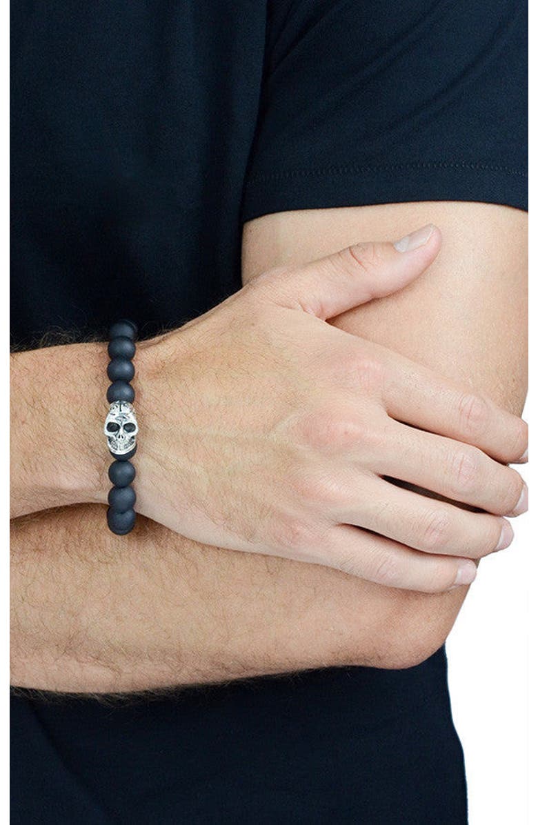 King Baby Studio 10mm Black Onyx Bead Bracelet with Day of the Dead Skull, Alternate, color, Silver