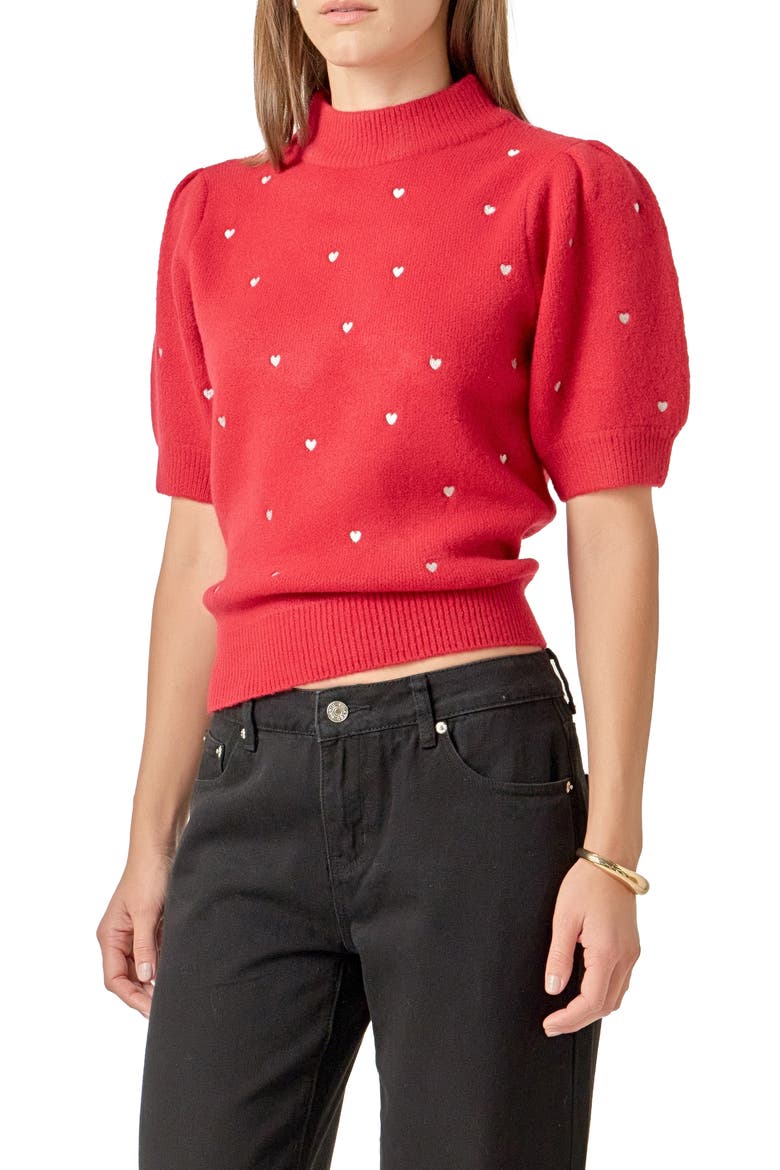 Heart Embroidered Puff Sleeve Sweater, Alternate, color, RED