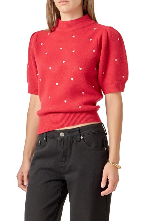 English Factory Heart Embroidered Puff Sleeve Sweater In Red