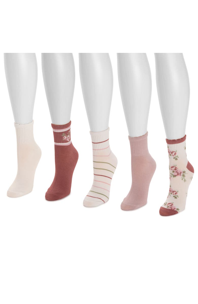 MUK LUKS Quarter Crew Novelty Socks, 5 Pair Pack, Alternate, color, Pink Floral