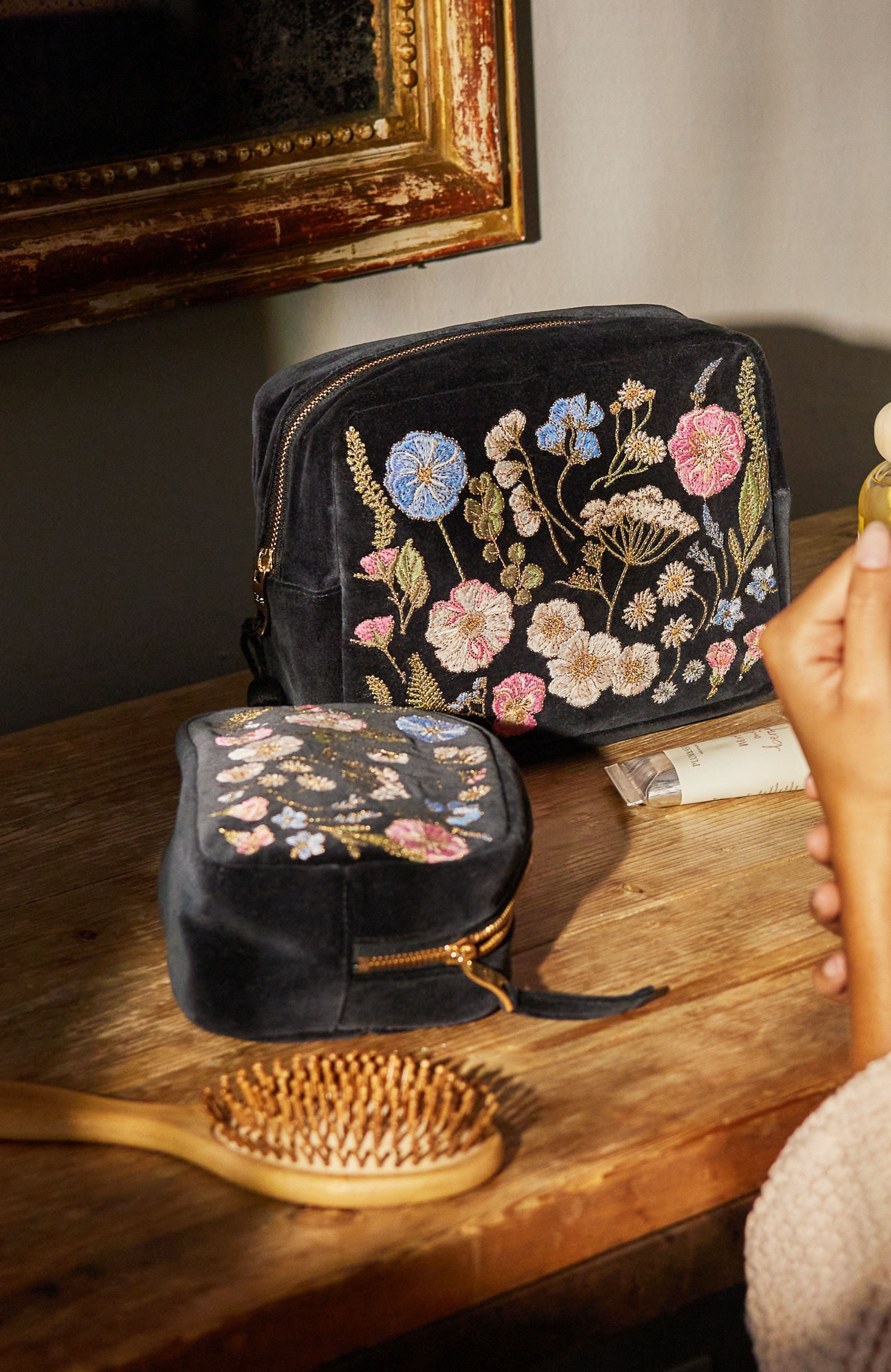 Pressed Flowers Velvet Makeup Bag, Alternate, color, Charcoal