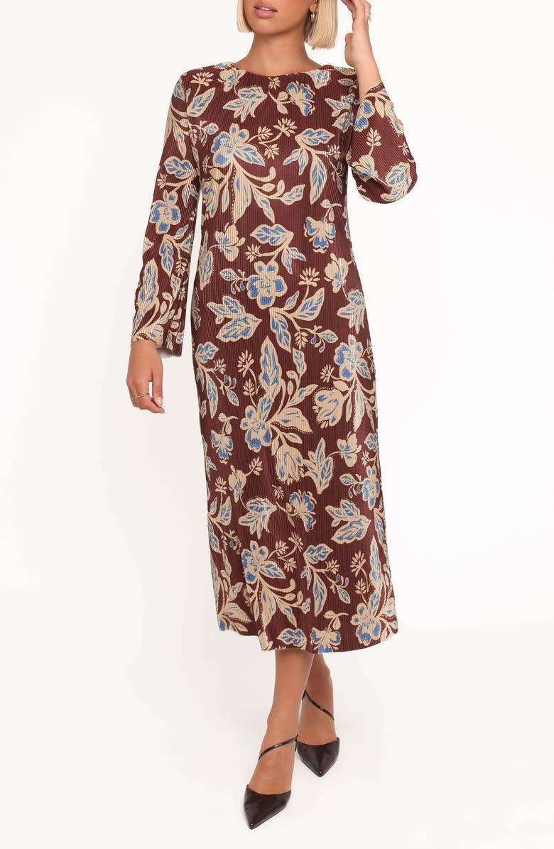 Petal & Pup Morena Plissé Long Sleeve Midi Dress, Main, color, Brown Floral