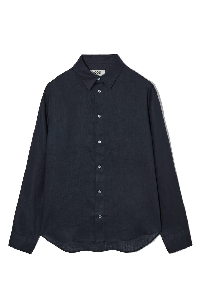 COS Curved Hem Linen Button-Up Shirt, Main, color, 
