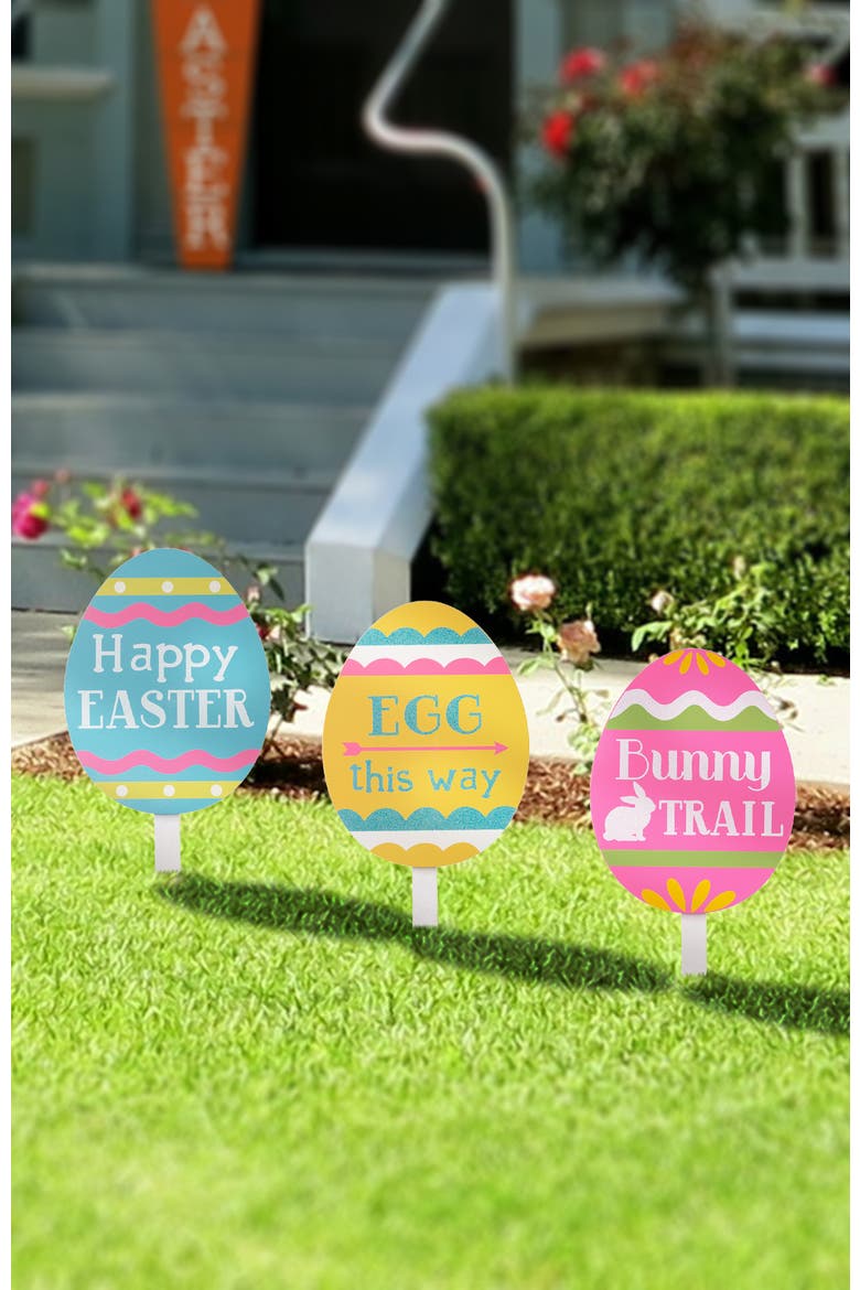 Set of 3 Wooden Easter Egg Chick Picks Yard Stakes, Alternate, color, Blue
