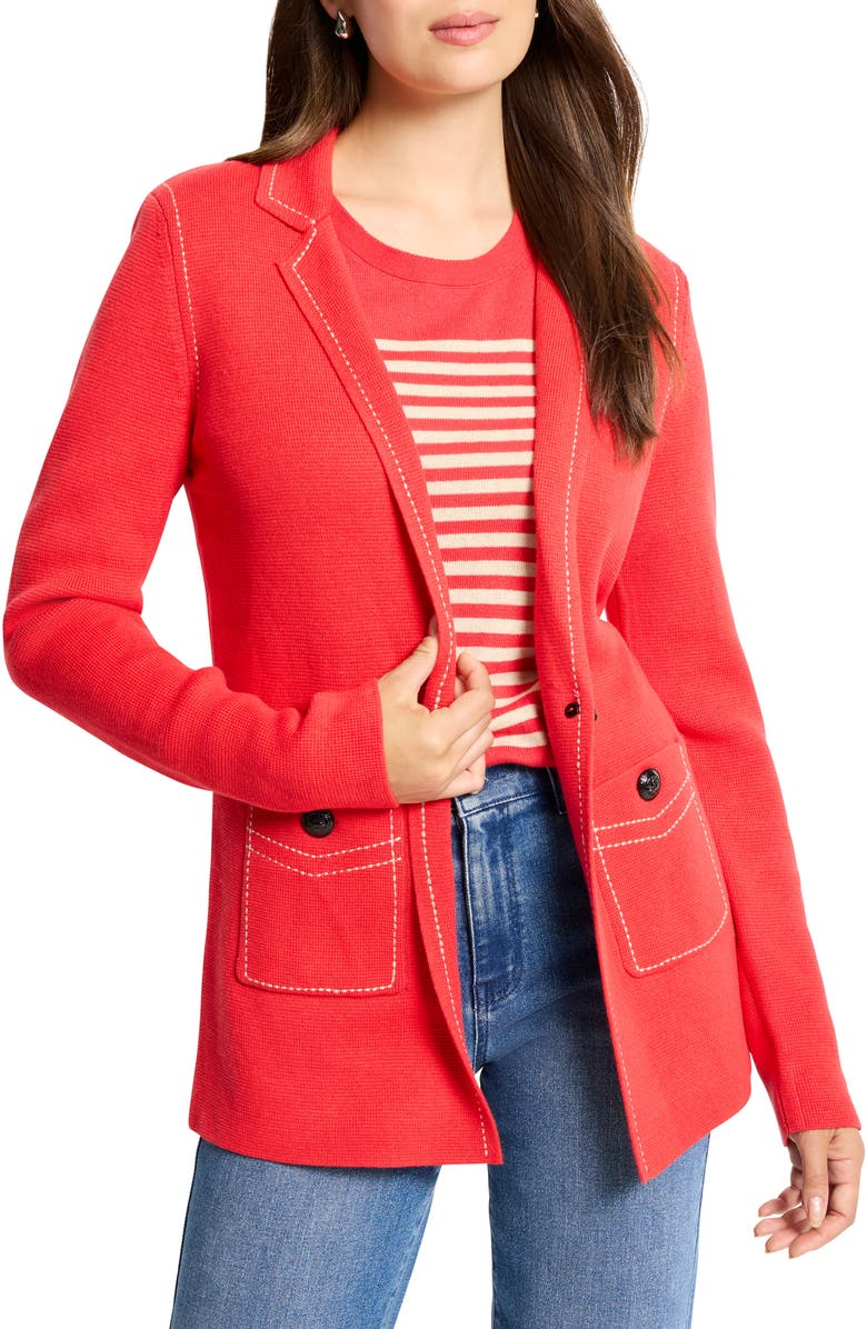 NIC+ZOE Contrast Stitch Cotton Blend Cardigan, Main, color, Scarlet