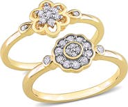 DELMAR Set of 2 Sterling Silver Diamond Flower Rings - 0.14ct.