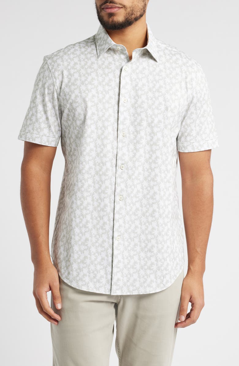 Bugatchi Miles OoohCotton<sup>®</sup> Palm Tree Print Short Sleeve Button-Up Shirt, Main, color, Sand