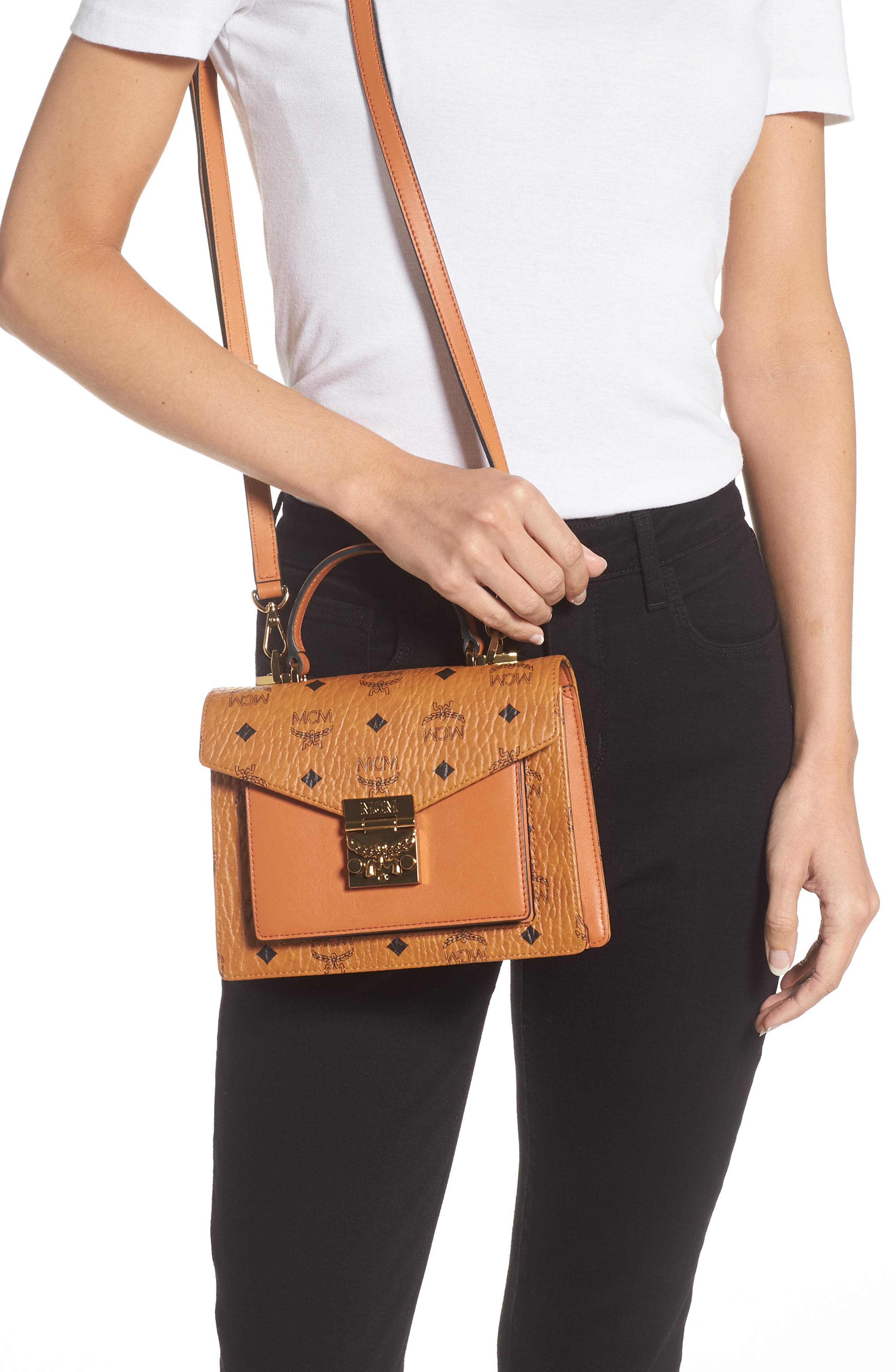 MCM Small Patricia Visetos Coated Canvas & Leather Satchel, Alternate, color, 