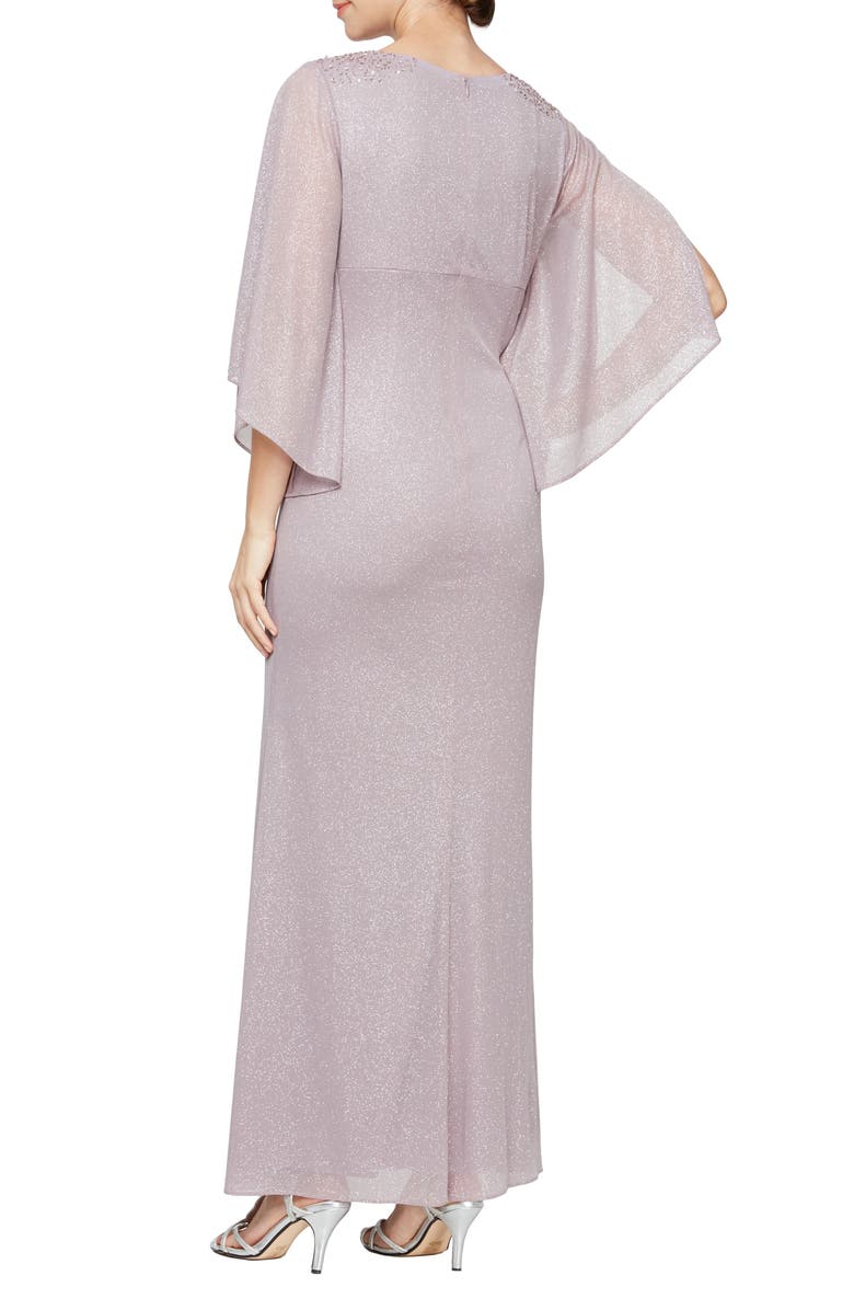 SL FASHIONS V-Neck Cape Sleeve Center Front Cascade Detail Embellished Shoulder Long Gown, Alternate, color, 