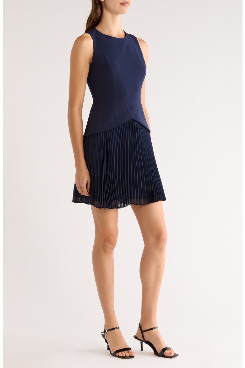 Sleeveless Pleated Skirt Mixed Media Minidress, Alternate, color, CLASSIC NAVY