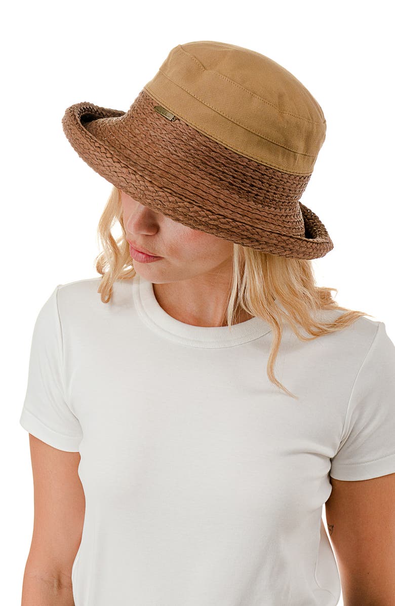 Nicole Miller Woven & Straw Rolled Bucket Hat, Alternate, color, Brown