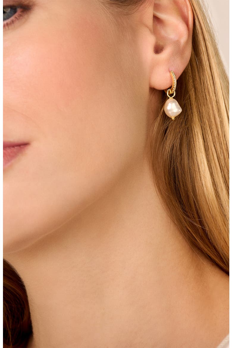 Endless Pearl Diamond Earrings | 20 natural diamonds - 2 freshwater pearls | 925 Sterling Silver | Earrings | Hoop | Yellow 18k-Gold Plated, Alternate, color, Yellow 18k Gold Plated