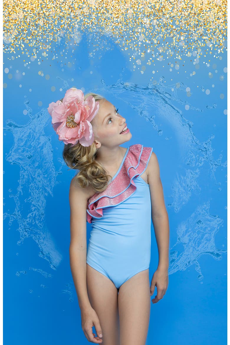 Kids' One Shoulder Glitter Ruffle One Piece Swimsuit, Alternate, color, Pink-Blue
