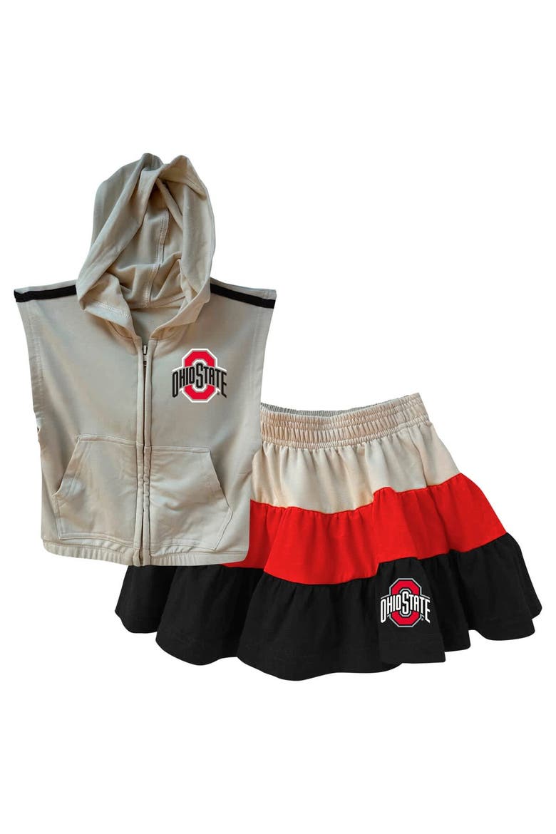 Girls Toddler Wes & Willy Tan Ohio State Buckeyes Tri-Blend Sleeveless Full-Zip Hoodie & Tiered Skirt Set, Main, color, Tan