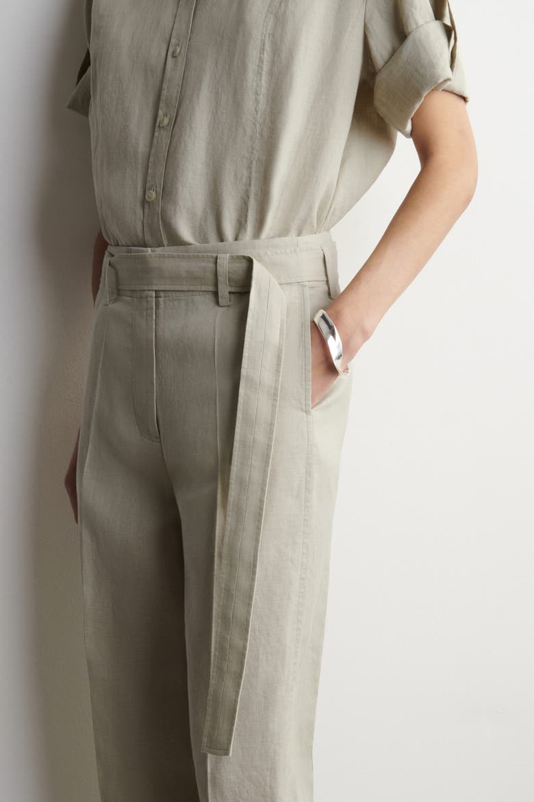 Belted Linen Barrel-Leg Pants, Alternate, color, BEIGE