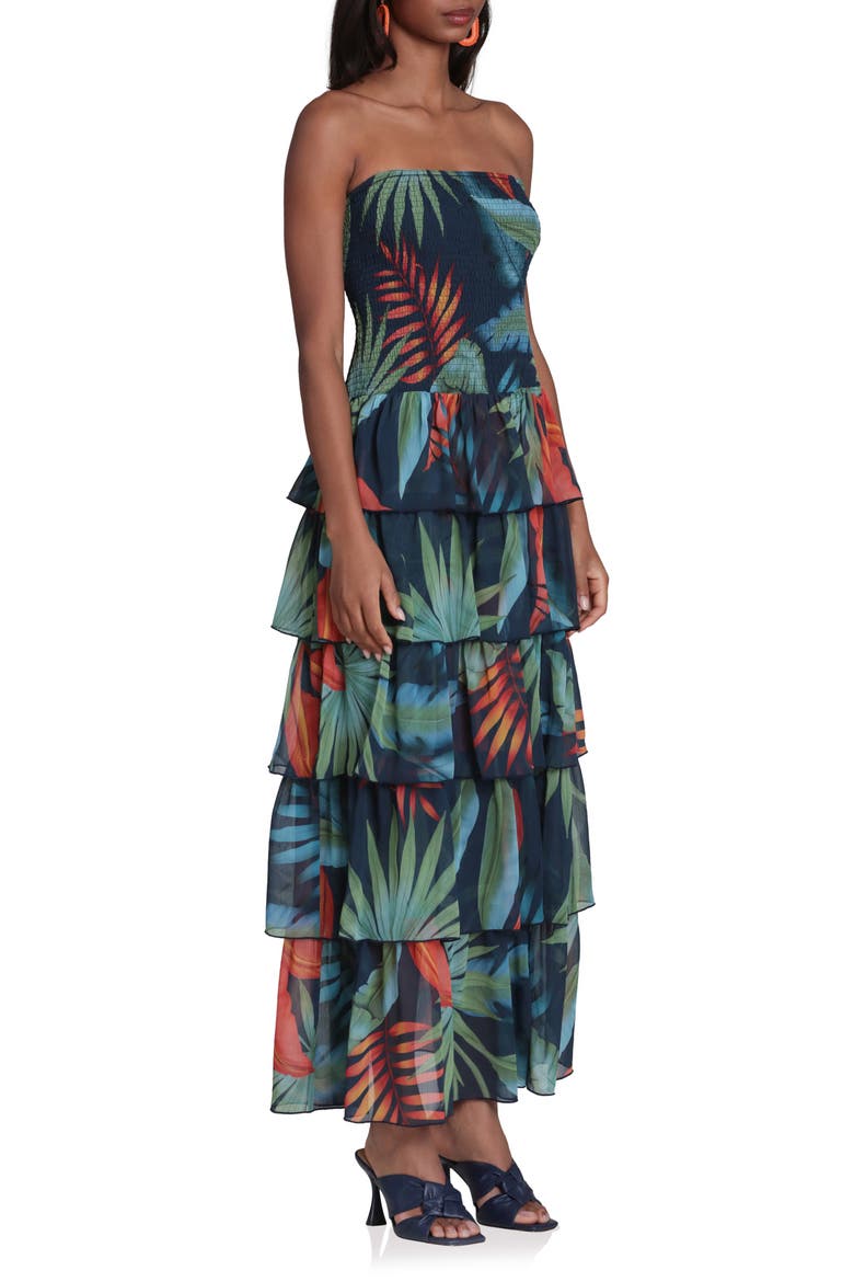Mixed Print Strapless Tiered Maxi Dress, Alternate, color, NAVY BIRDS OF PARADISE