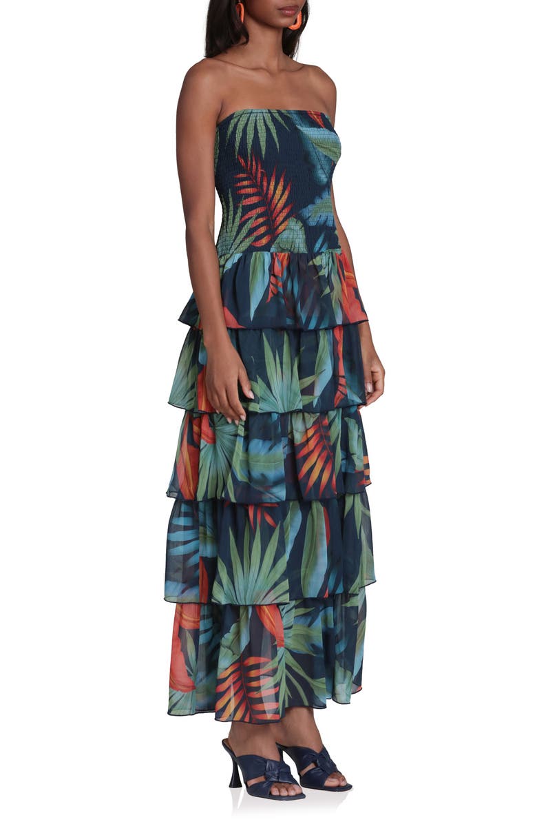 Avec Les Filles Mixed Print Strapless Tiered Maxi Dress, Alternate, color, Navy Birds Of Paradise