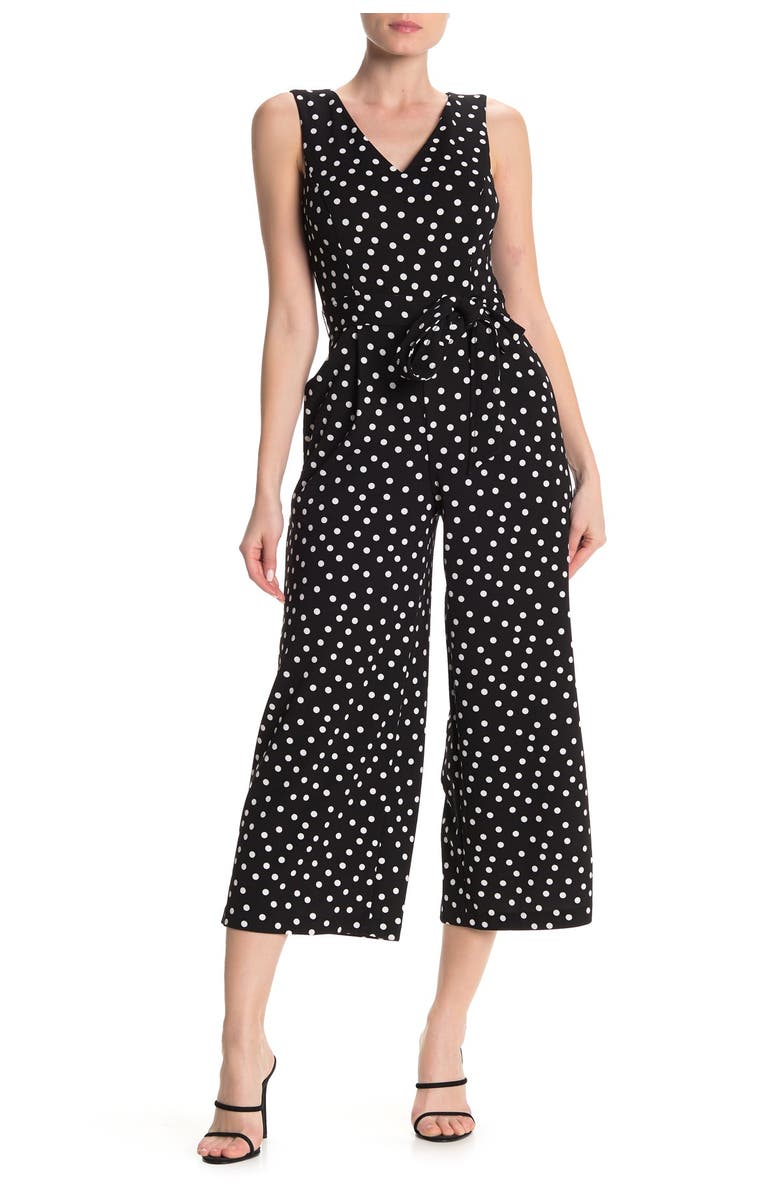 Calvin Klein V-Neck Tie Belt Polka Dot Print Crop Wide Leg Jumpsuit, Alternate, color,