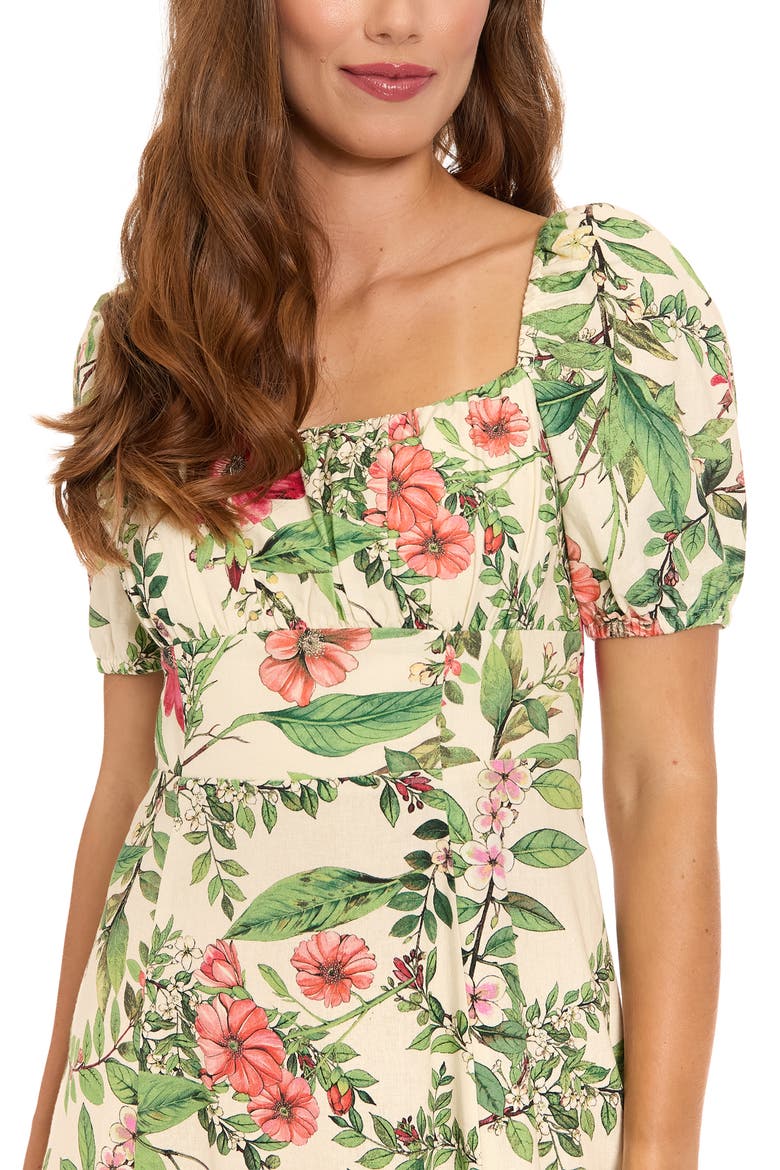 Floral Puff Sleeve Empire Waist Midi Dress, Alternate, color, CREAM/ PINK FLAMBE