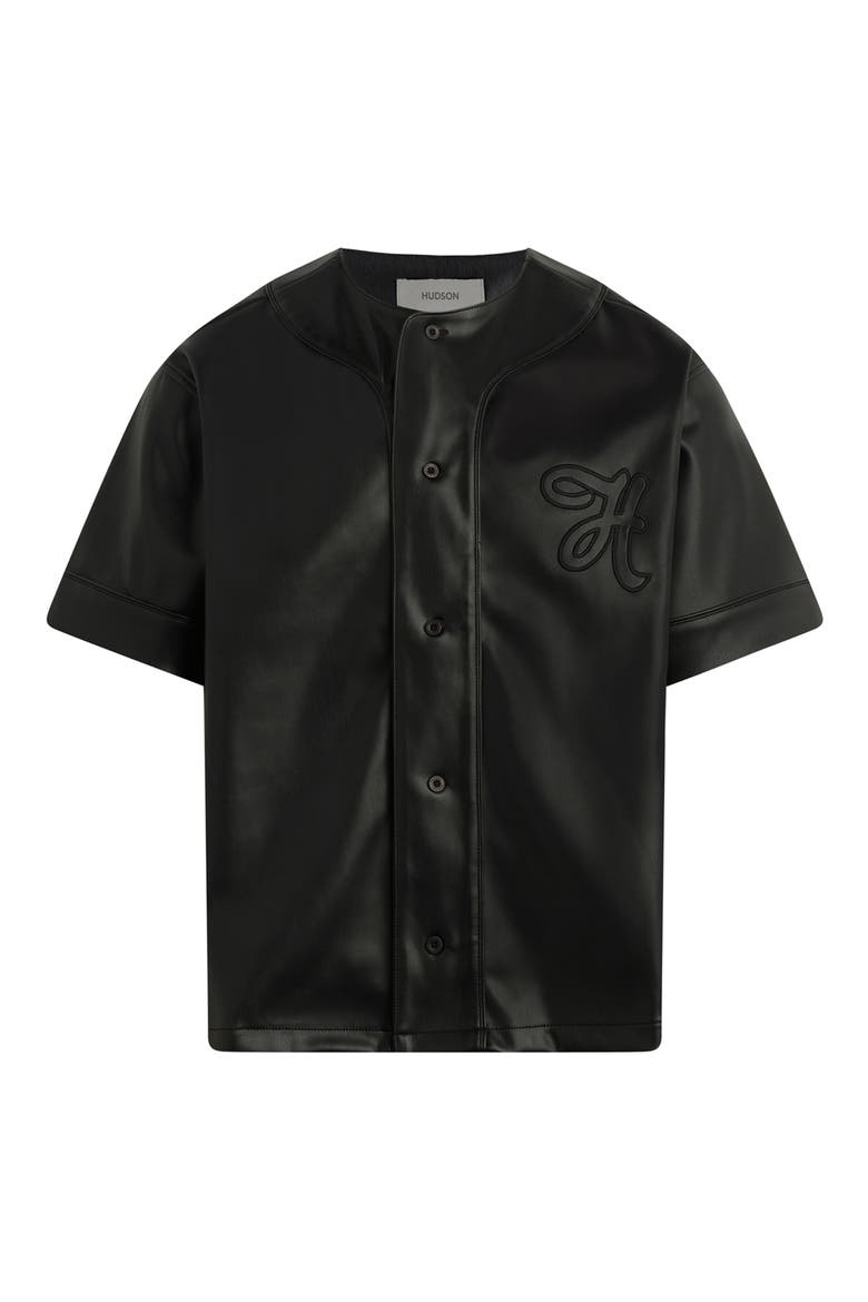 Faux Leather Baseball Jersey, Alternate, color, BLACK