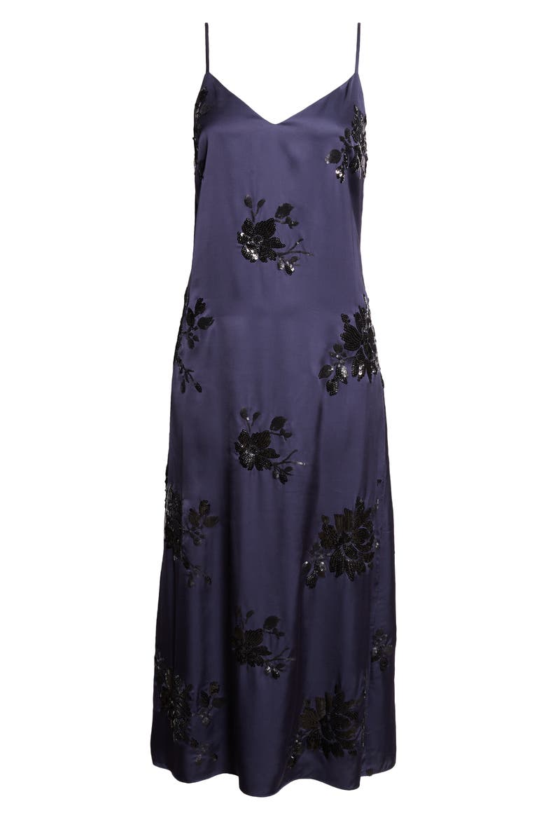 Shannon Placed Sequin Floral Satin Slipdress, Alternate, color, NAVY
