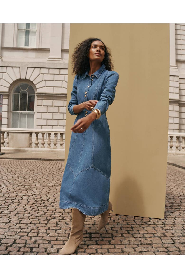 Denim Midi Classic Collar Shirt Dress, Alternate, color, Blue