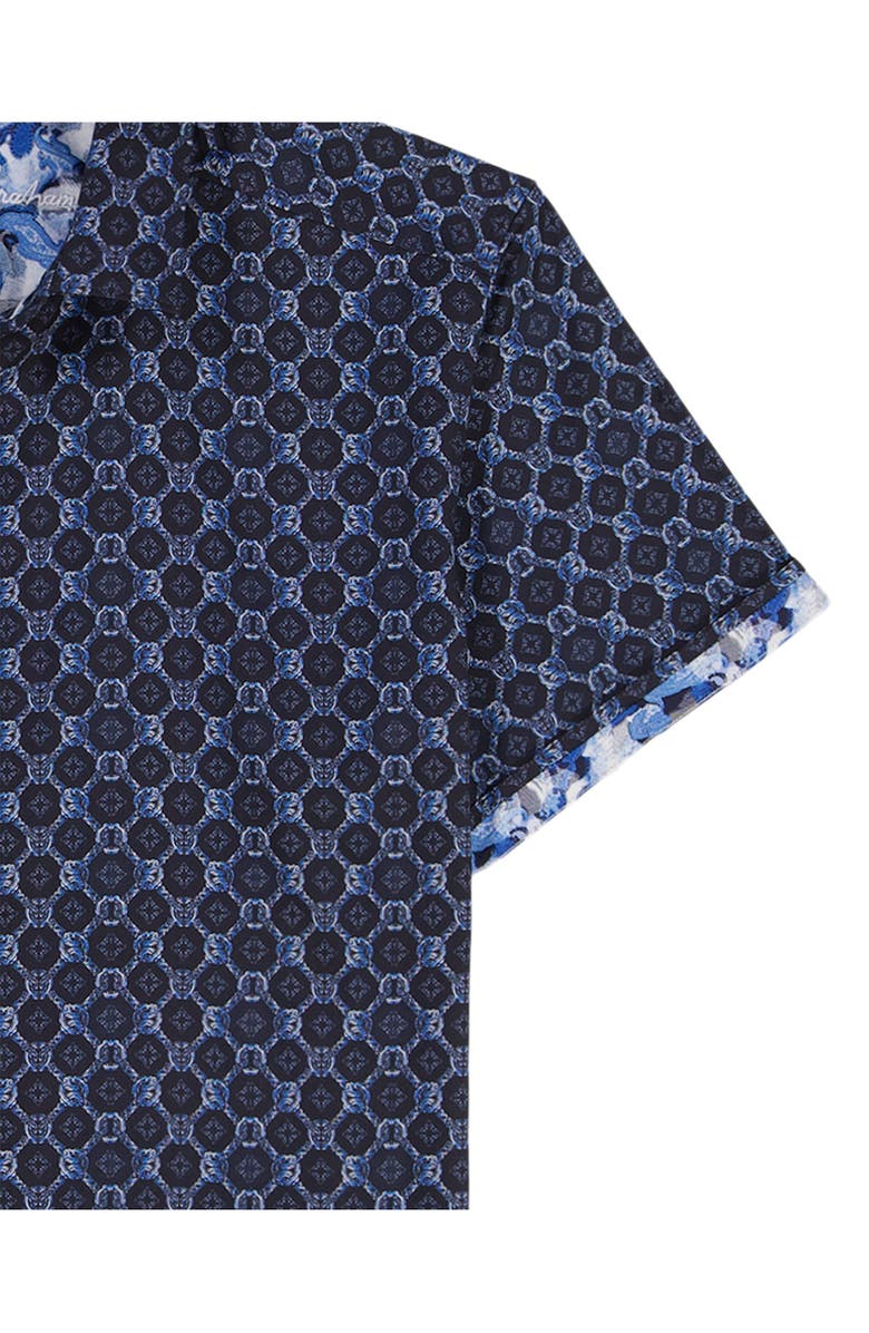 Robert Graham Bramston Medallion Print Short Sleeve Stretch Cotton Button-Up Shirt, Alternate, color, Navy