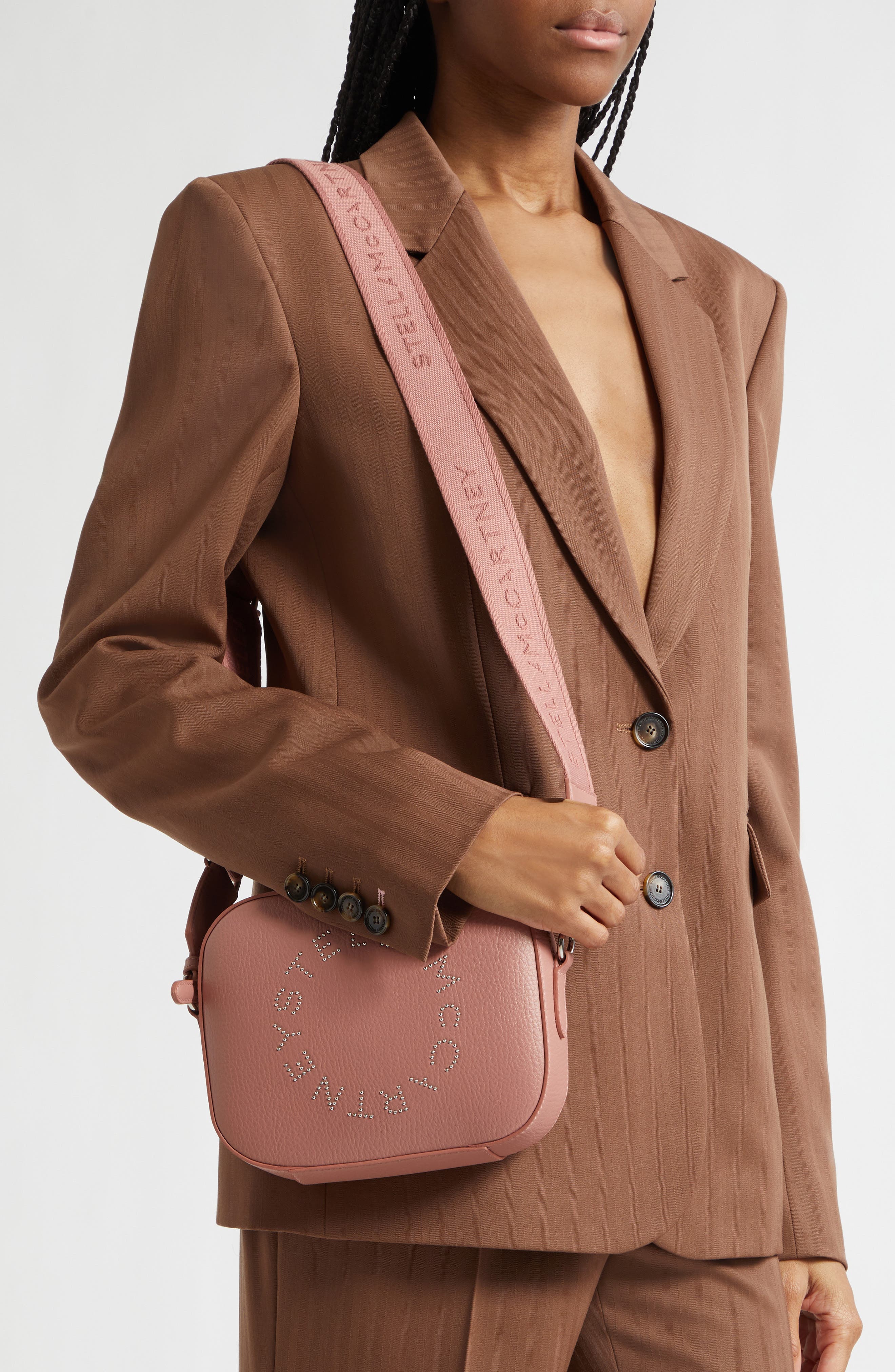 Stella McCartney Small Stud Logo Faux Leather Camera Bag, Alternate, color, Tawny Rose