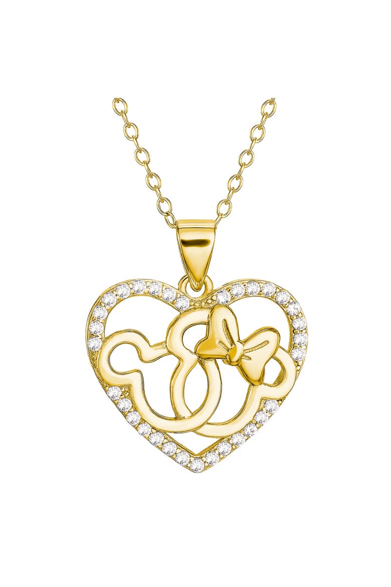 Minnie and Mickey Mouse Necklace, Cubic Zirconia Interlocking Heart Pendant, Main, color, Metallic Gold